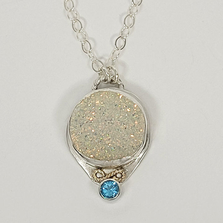 White druzy quartz necklace with blue topaz