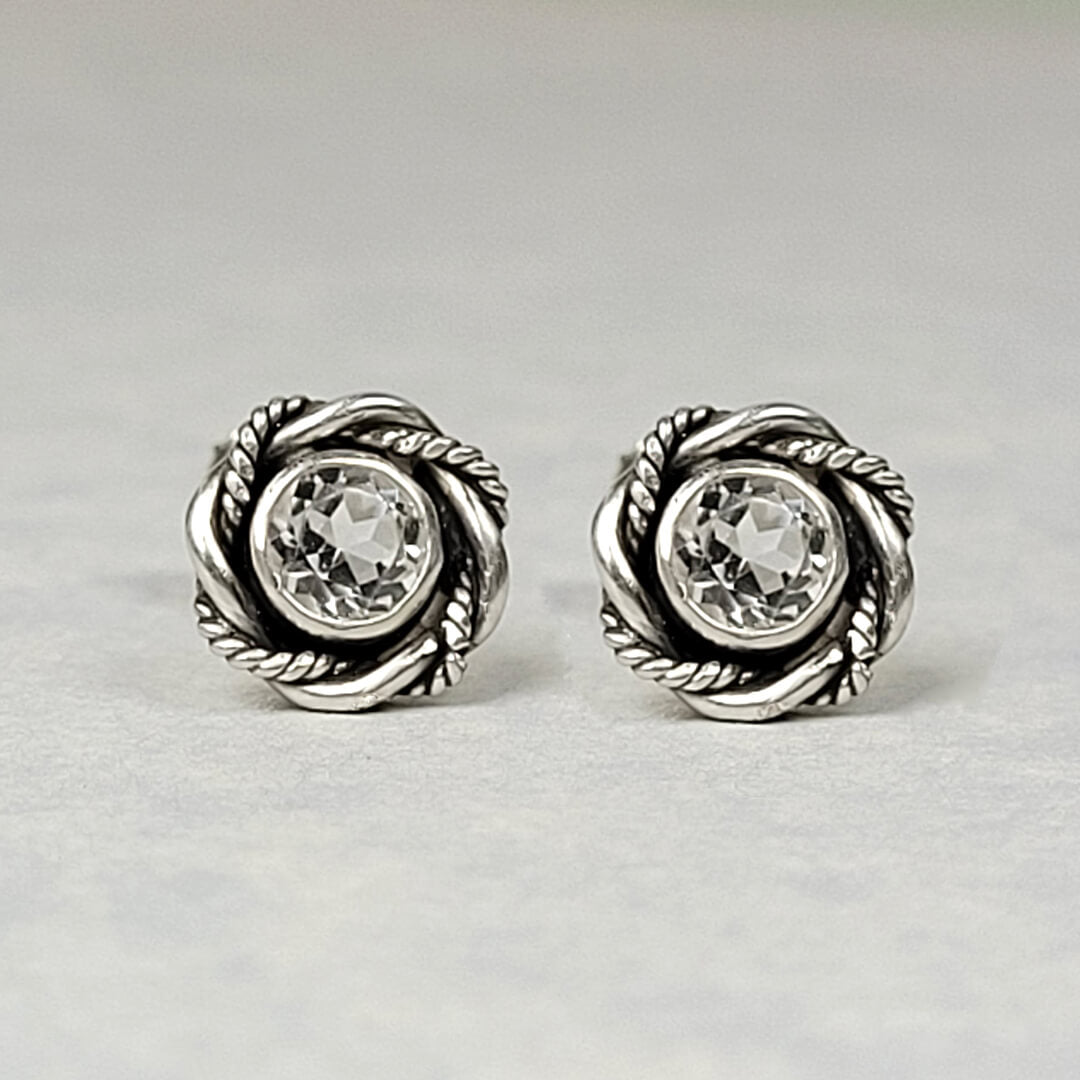 white topaz stud earrings vintage style in sterling silver