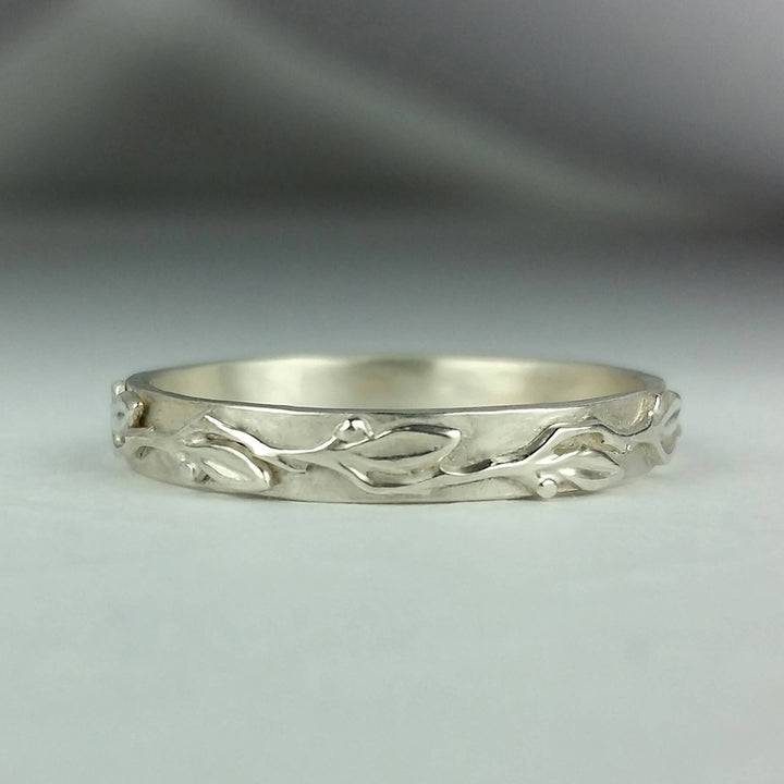wild vine leaf wedding band in sterling silver
