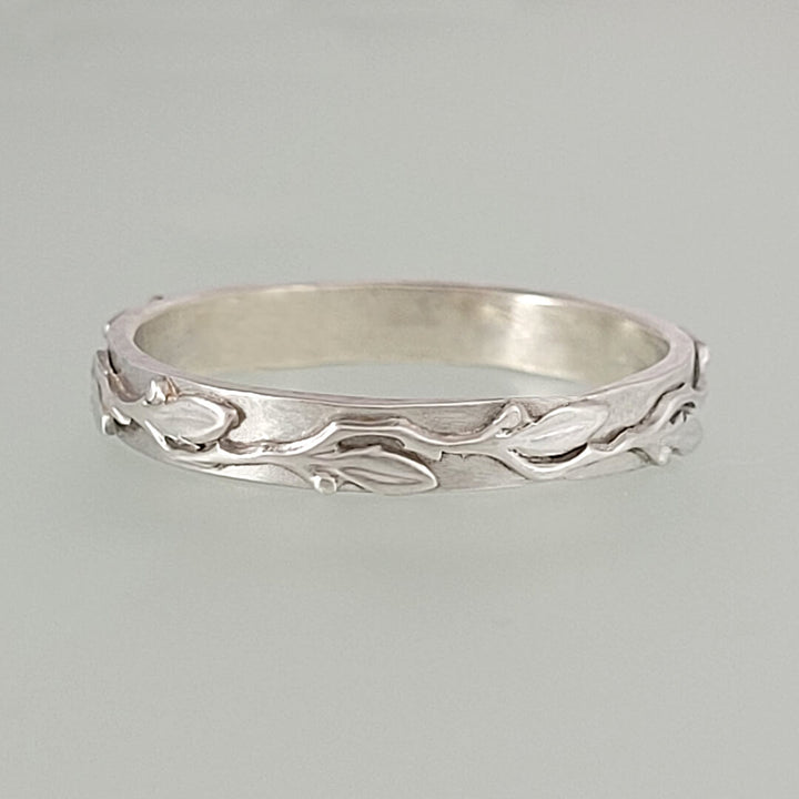wine and leaf wedding band in sterling silver
