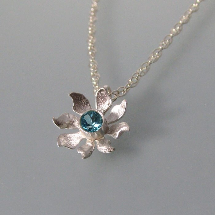 Small wildflower pendant necklace with Swiss blue topaz in sterling silver